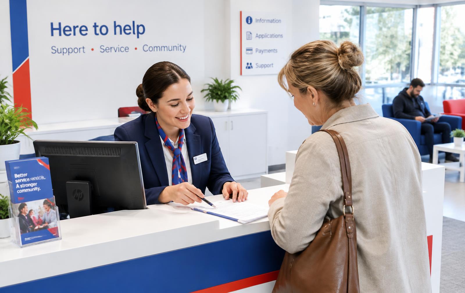 Customer receiving assistance at a modern service counter